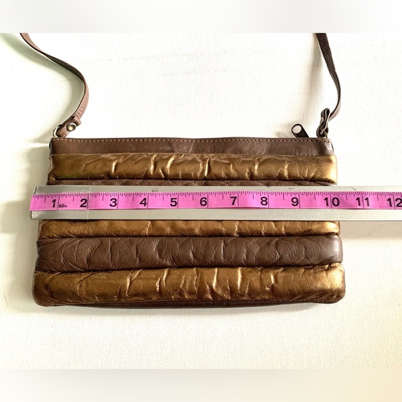 VTG 80s Leather Puffy Padded Quilted Clutch Bag Purse ~ Metallic Gold & Brown - Picture 7 of 12